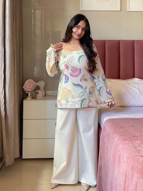 White Floral Linen Kurti